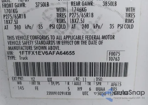 2010 Ford F-150 Fx4/Lariat/Xl/Xlt z USA, uszkodzony, nr VIN 1FTFX1EV6AFA64655